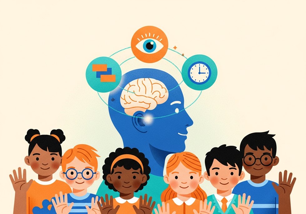 Ilustración de las funciones cognitivas afectadas en el TDAH: atención, memoria de trabajo y percepción del tiempo
