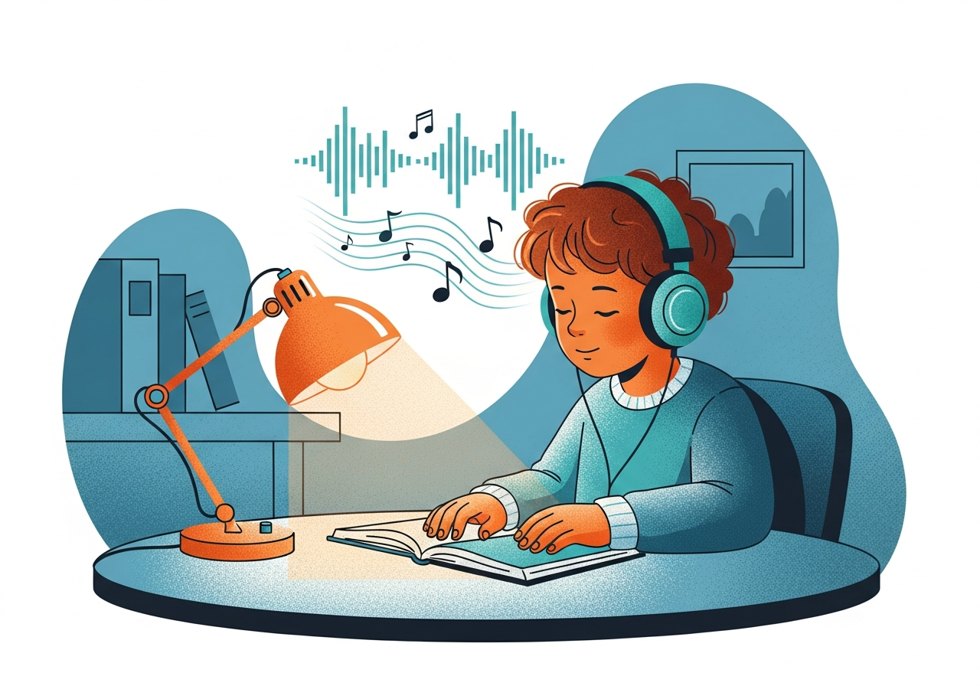 Niño concentrado con audífonos estudiando, con música de fondo